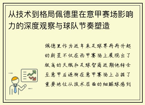 从技术到格局佩德里在意甲赛场影响力的深度观察与球队节奏塑造